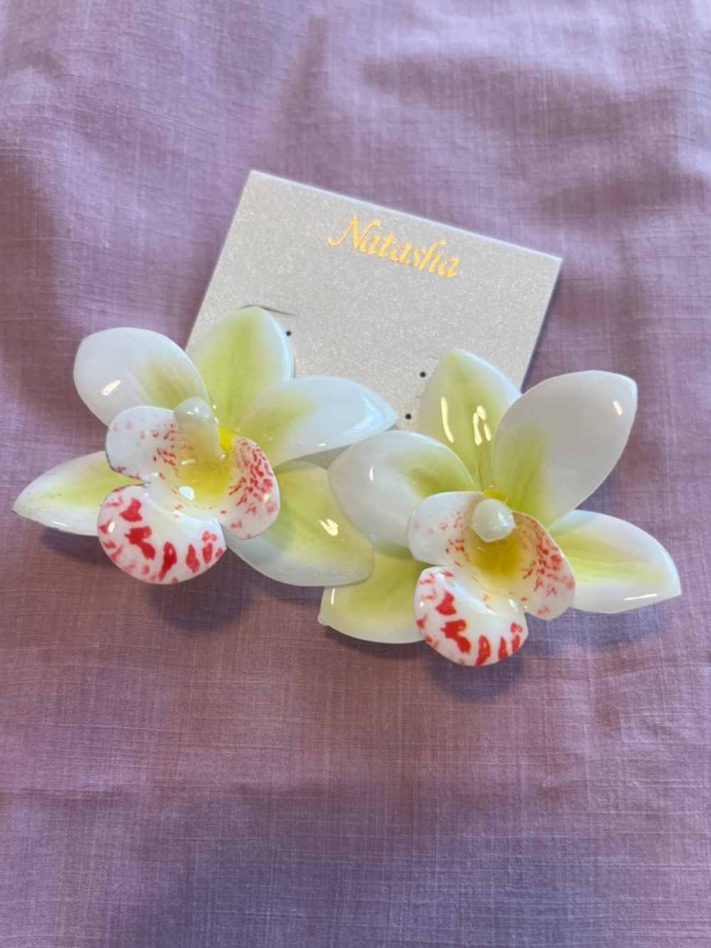 Natasha Couture White & Yellow Orchid Earrings with Red Detail
